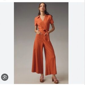 Maeve Wrapped Culotte Jumpsuit Womens 4 Orange Linen Blend Wide Leg Cropped